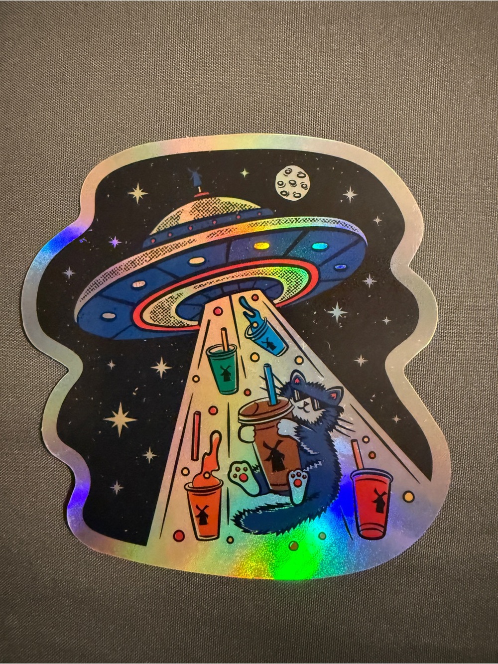 Dutch Bros Holographic UFO Cat Sticker - Rainbow Space Design